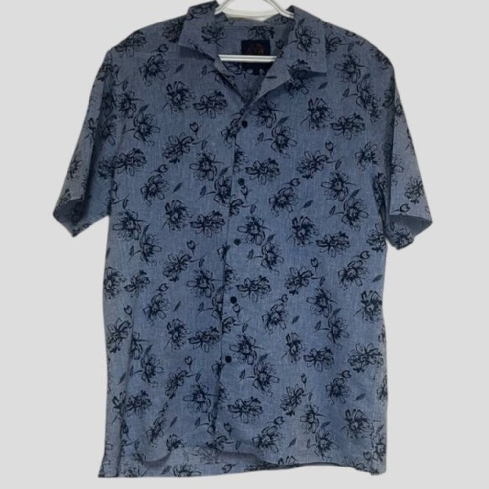 John Lennon Blue Floral Linen/Cotton Blend Short Sleeve Button Down Shirt